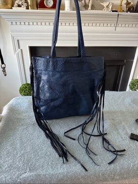 Rare EUC Zara Terez Blue Leather Fringe Boho Tote Bag
